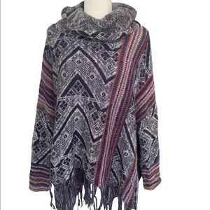FREE PEOPLE Size S - Be The One Poncho Fringe Cowl Neck Sweater Hippie Boho